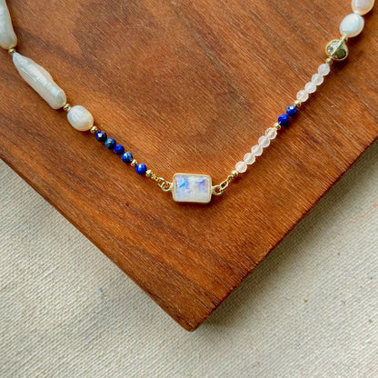 Moonstone And Lapis Mixed Freshwater Pearl Beaded Necklace