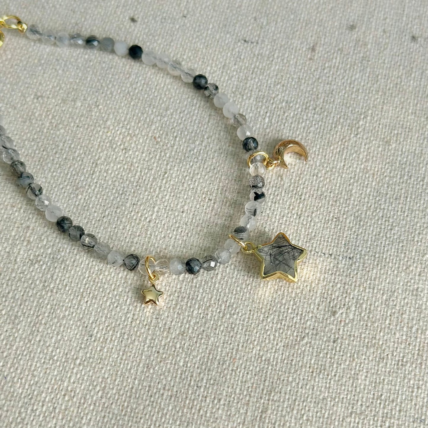 Black Rutilated Quartz Beaded And Star Bracelet