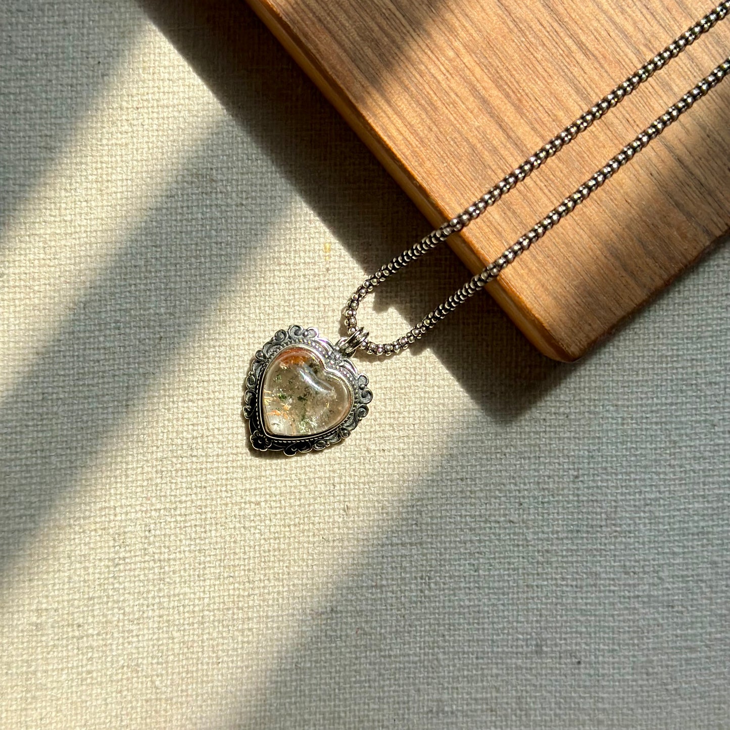 Phantom Quartz Heart Corn Chain Sterling Silver Necklace