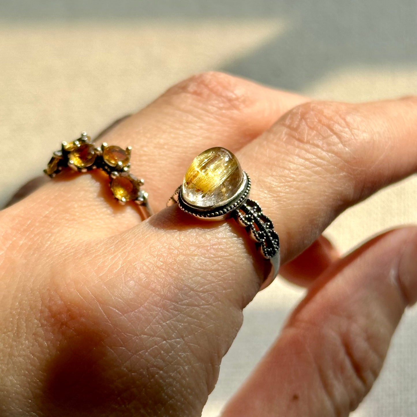 Golden Rutilated Quartz Cabochon Adjustable Sterling Silver Ring