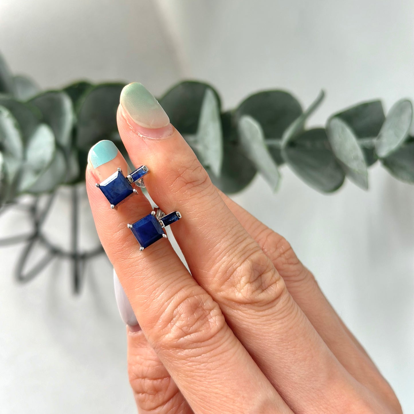 Sapphire Geometric Sterling Silver Ear Stud