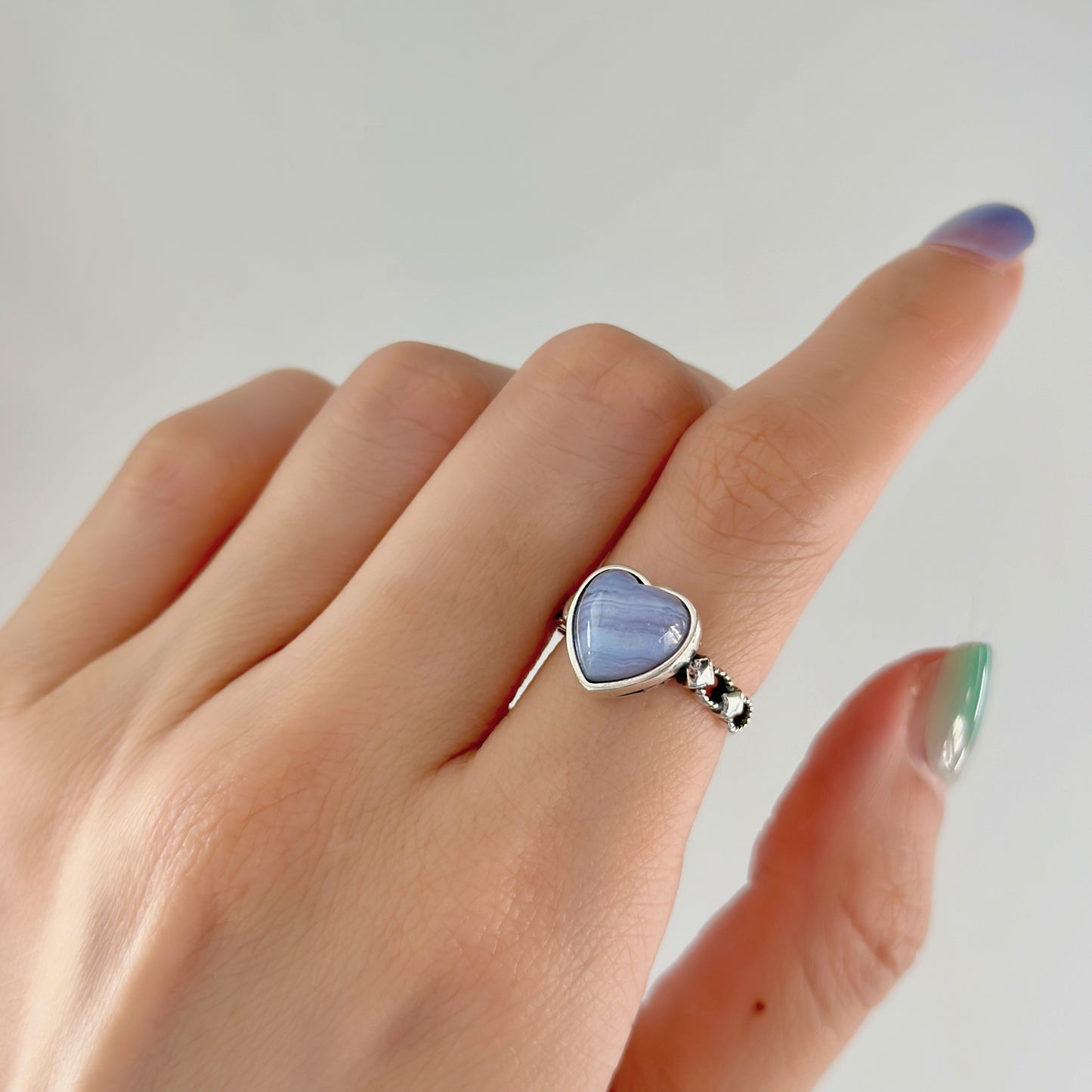 Blue Lace Agate Heart Adjustable Sterling Silver Ring