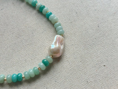 Amazonite And Baroque Freshwater Pearl Beaded Choker Necklace