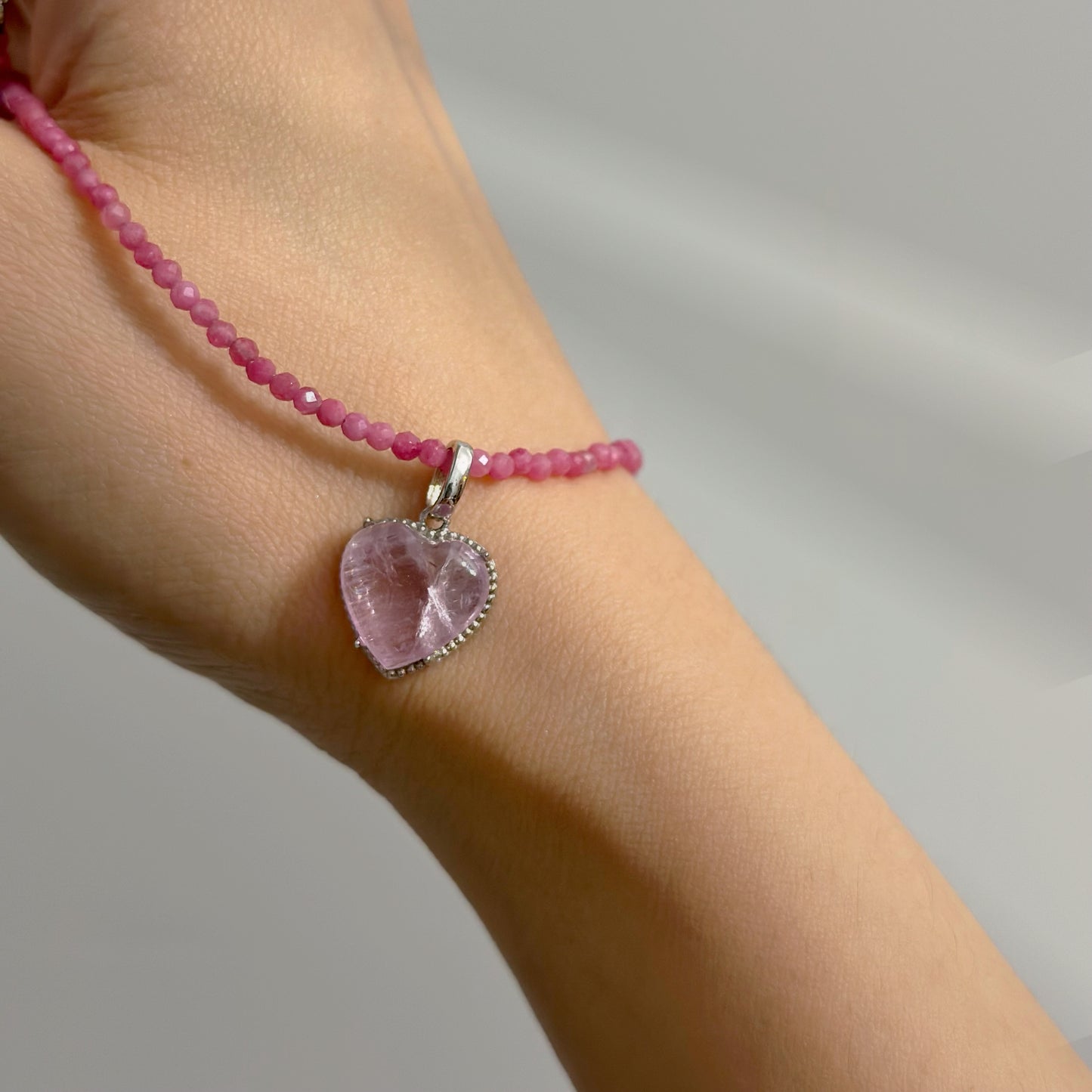 Two-way Kunzite Heart And Ruby Beaded Necklace