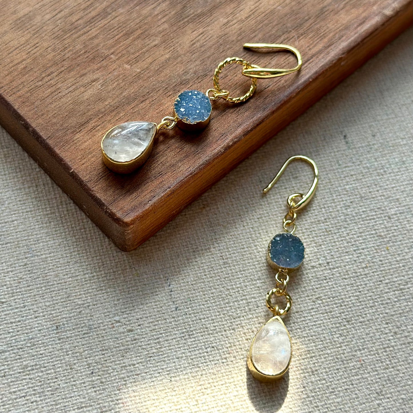 Moonstone And Blue Druzy Gold-plated Earring