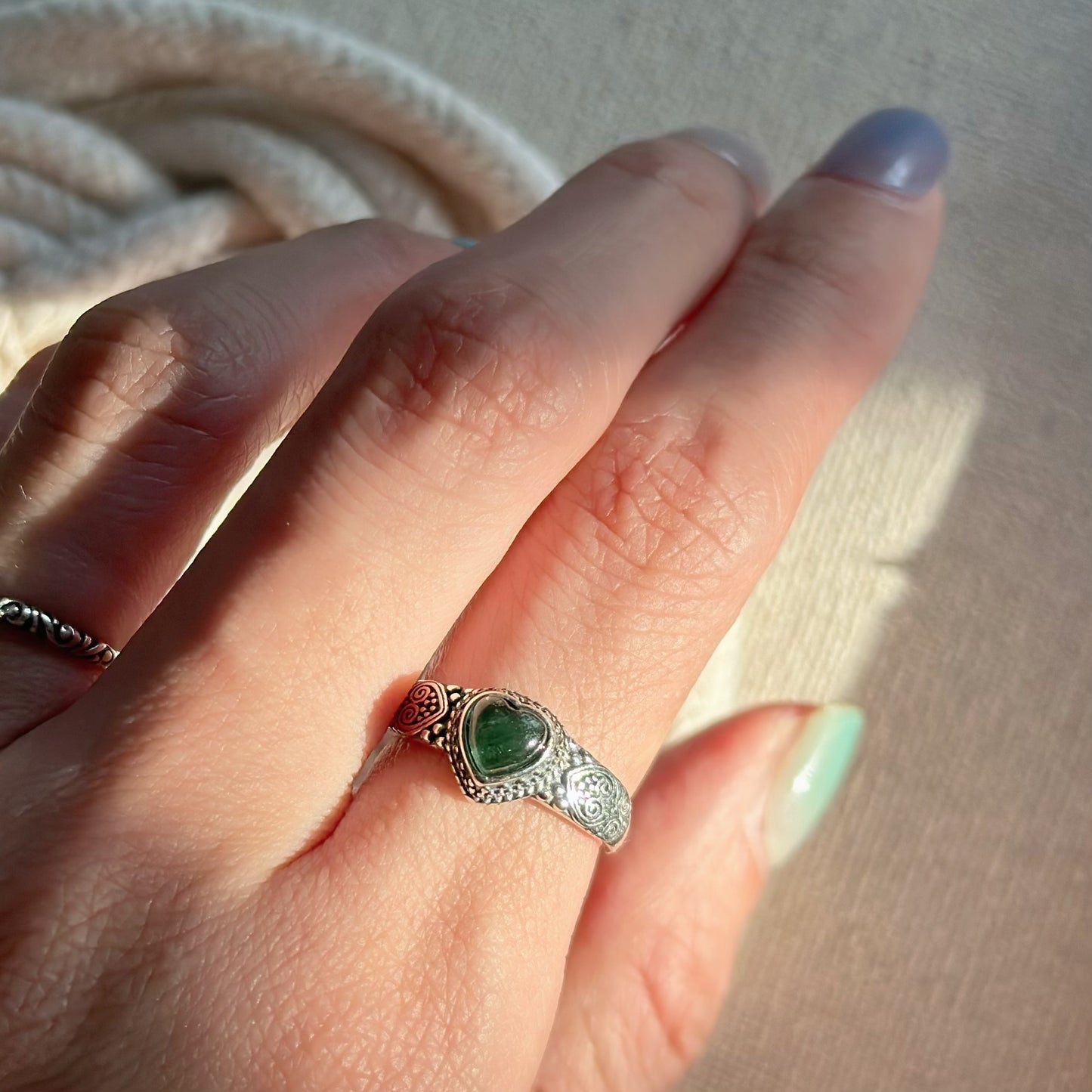 Green Tourmaline Heart Adjustable Sterling Silver Ring