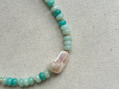 Amazonite And Baroque Freshwater Pearl Beaded Choker Necklace