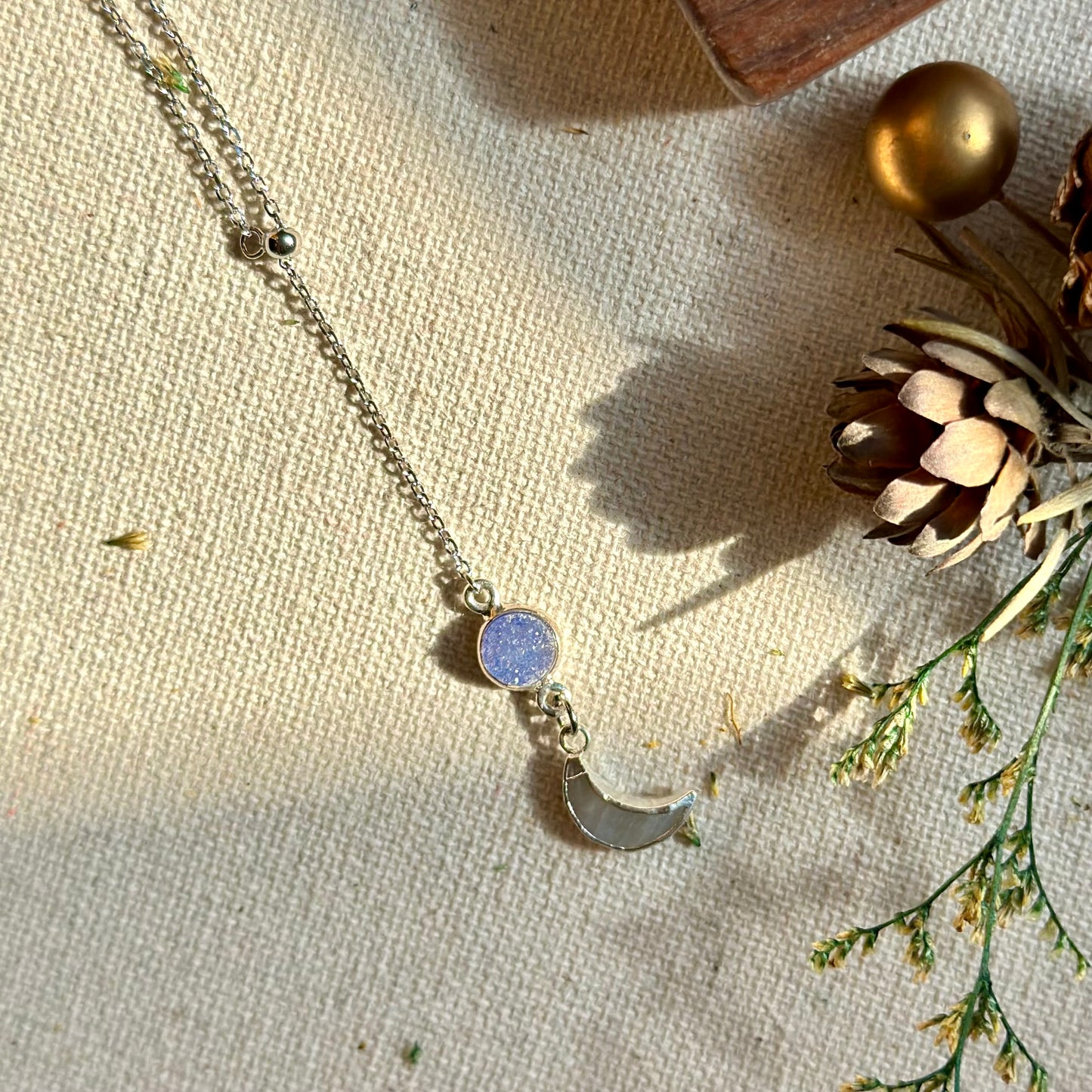 Moonstone And Blue Druzy Two-way Sterling Silver Necklace