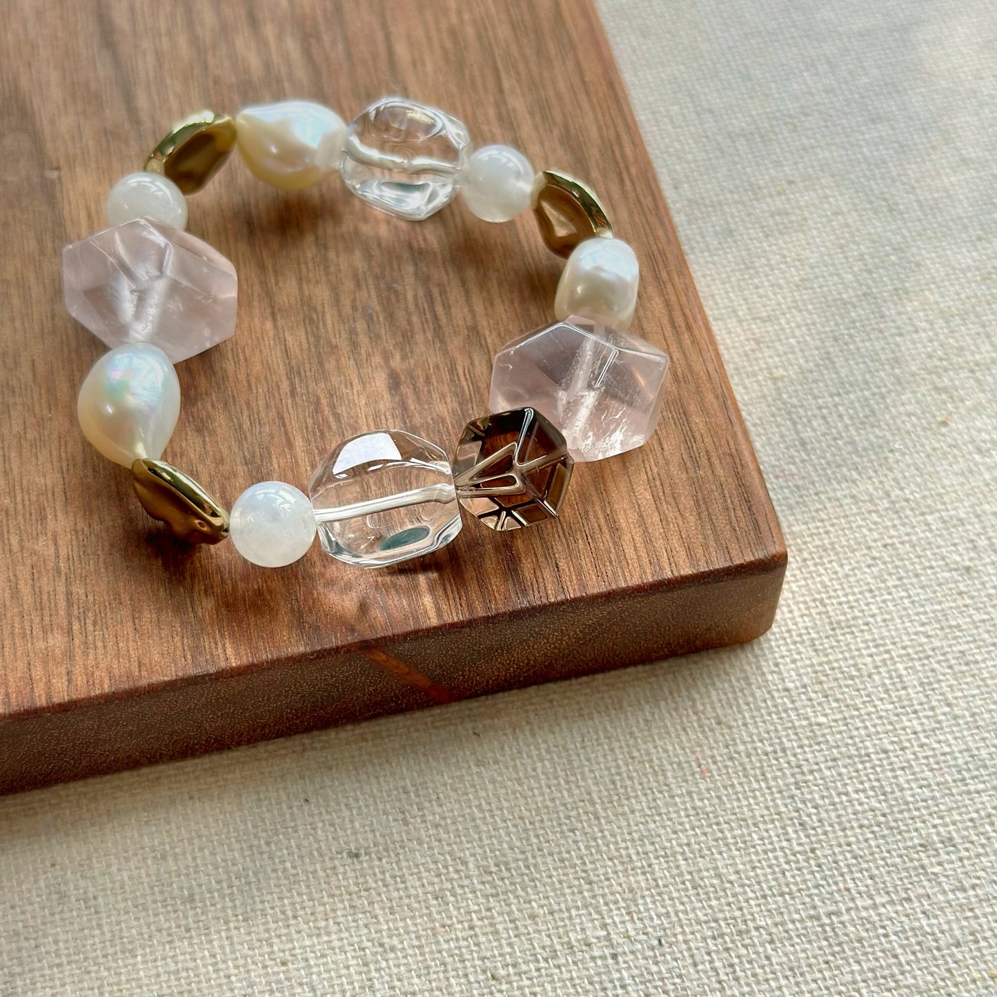 Rose Quartz and Clear Quartz Mixed Smoky Quartz Beaded Stretched Bracelet