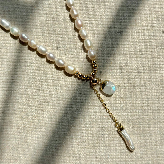 Moonstone With Freshwater Pearl And Gold-plated Beaded Choker Necklace