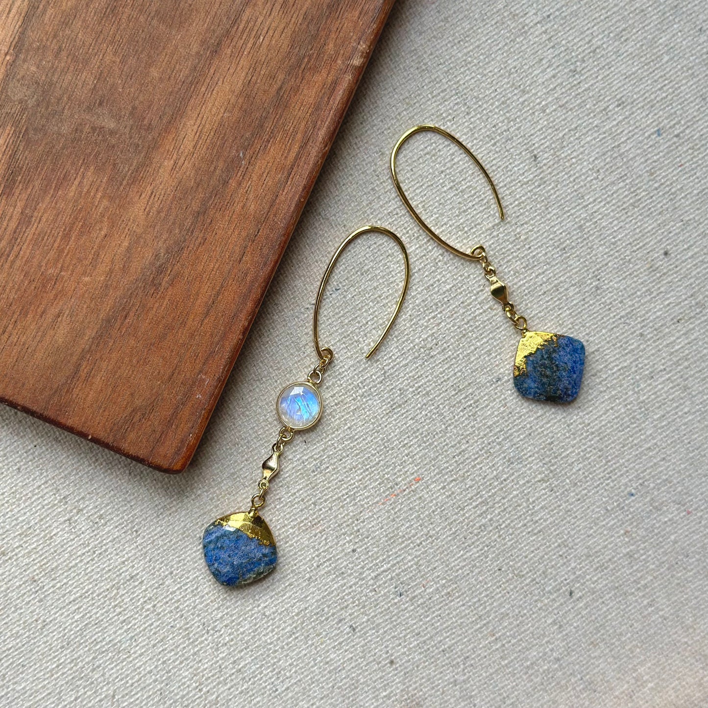 Lapis And Moonstone Asymmetric Gold-plated Earring