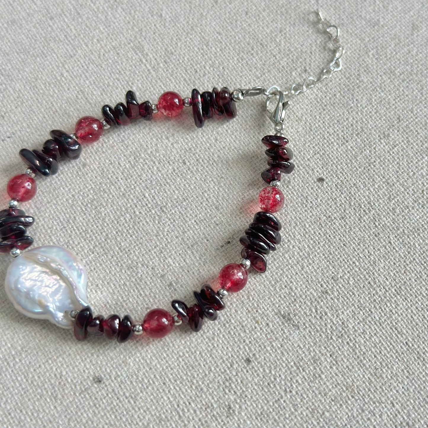 Garnet With Strawberry Quartz And Baroque Pearl Beaded Bracelet