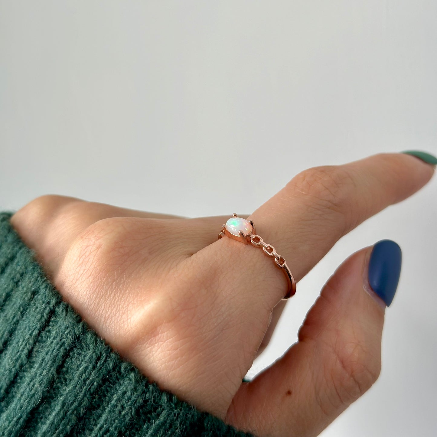 Opal Chain Ring Band Adjustable Rose Gold-plated Sterling Silver Ring