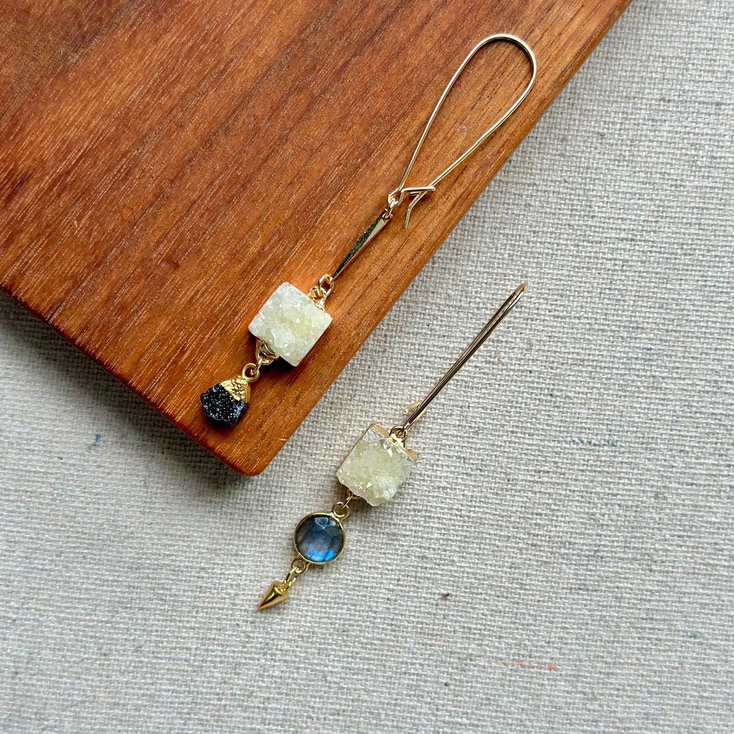 Druzy Square And Labradorite 14k Gold-filled Earring