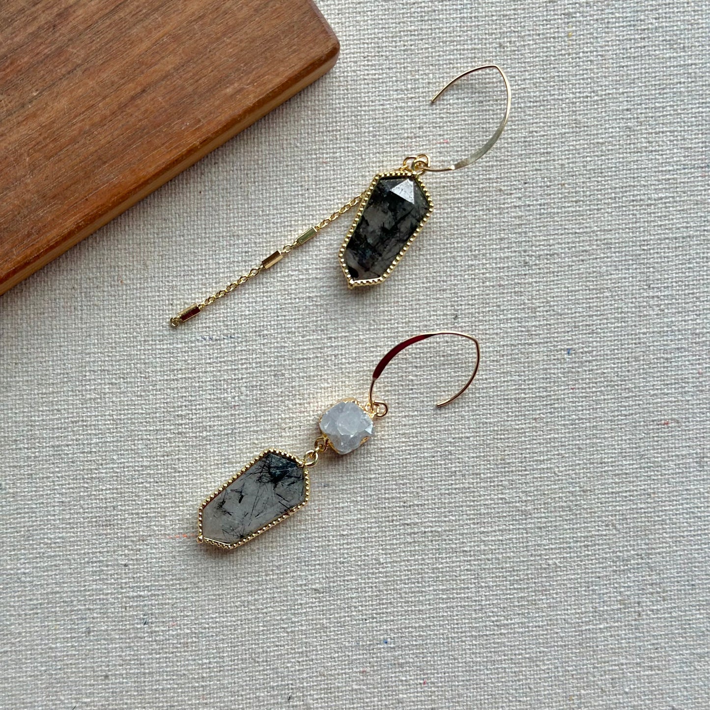 Black Rutilated Quartz And Druzy Gold-plated Earring