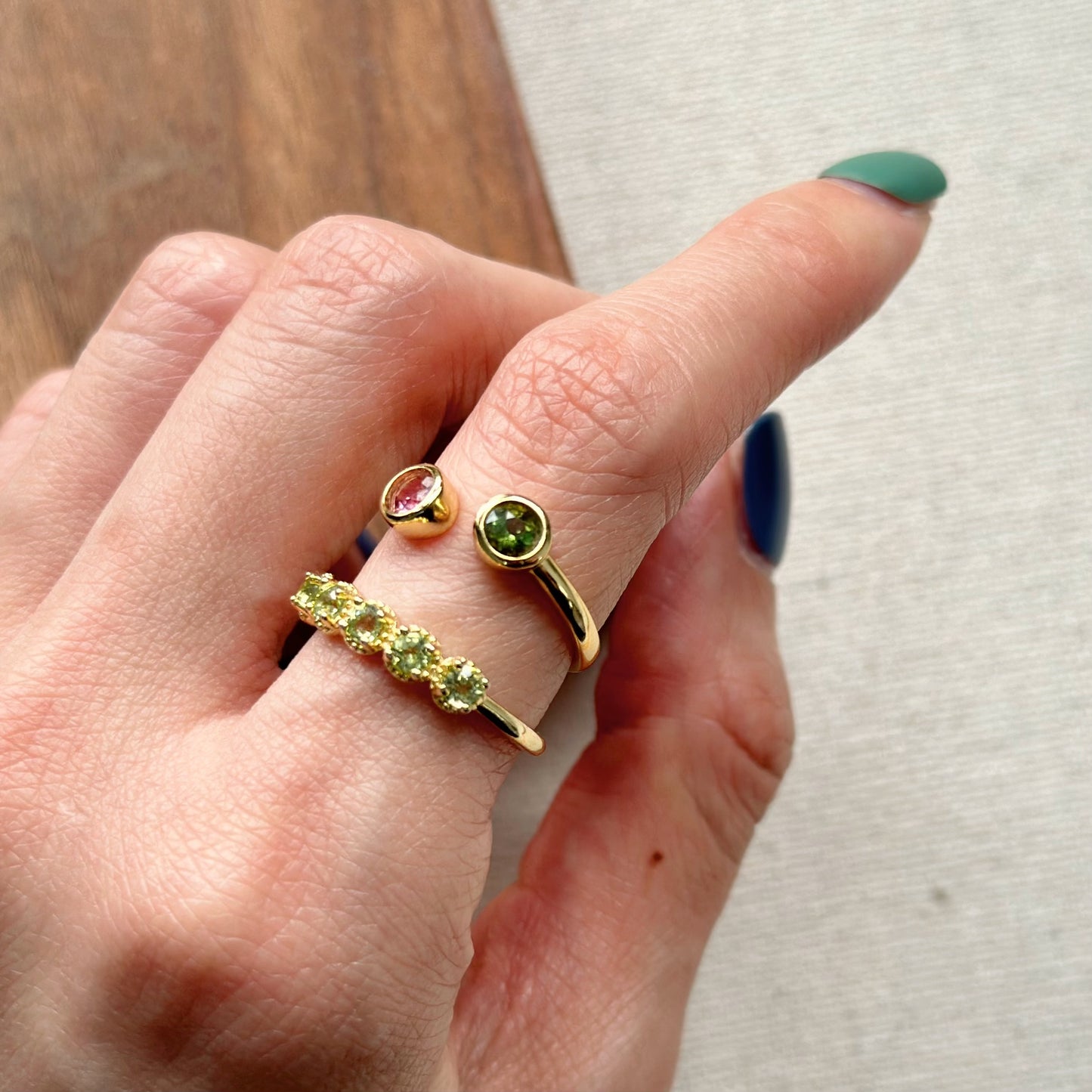 Pink And Green Tourmaline Front Open Adjustable Gold-plated Ring