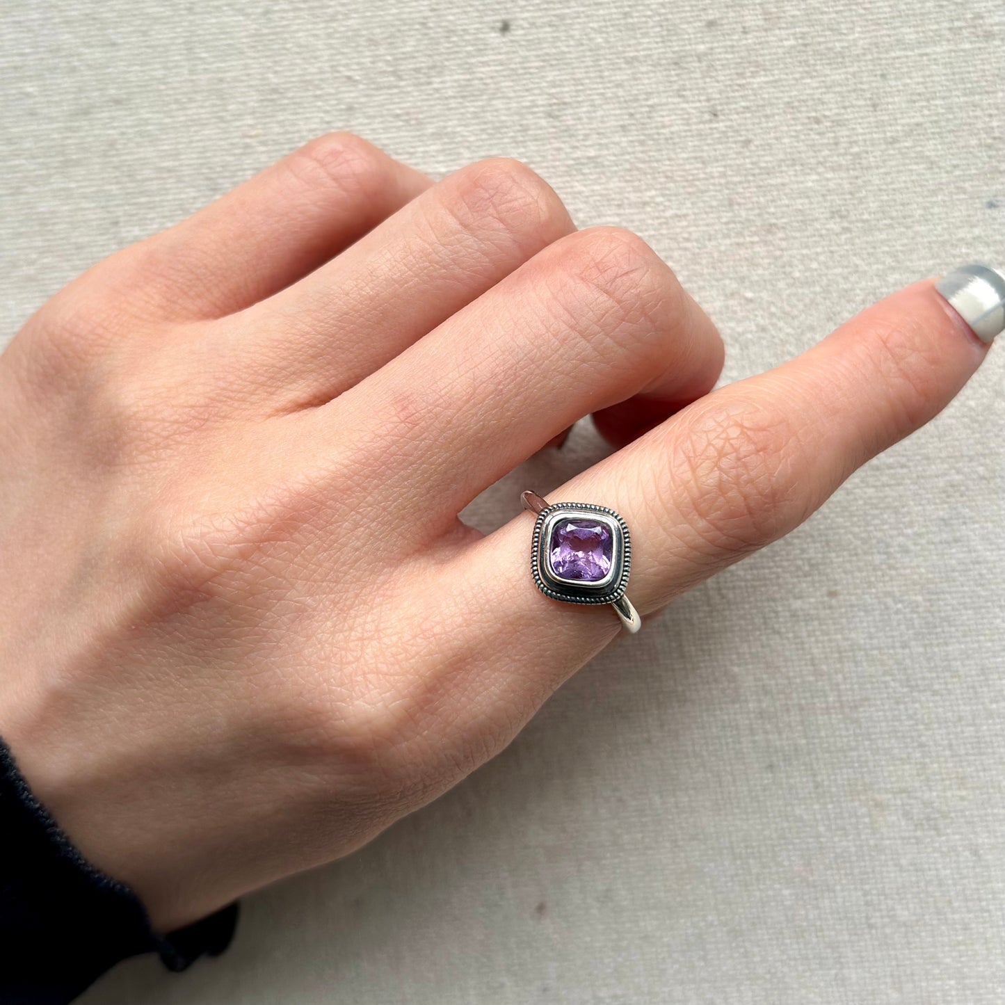 Amethyst Square Adjustable Sterling Silver Ring