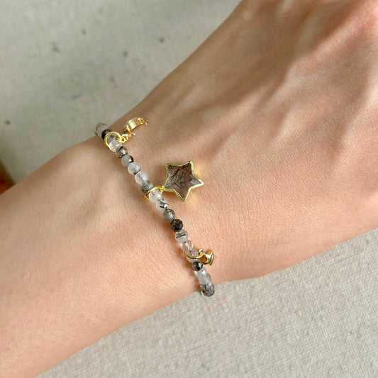 Black Rutilated Quartz Beaded And Star Bracelet