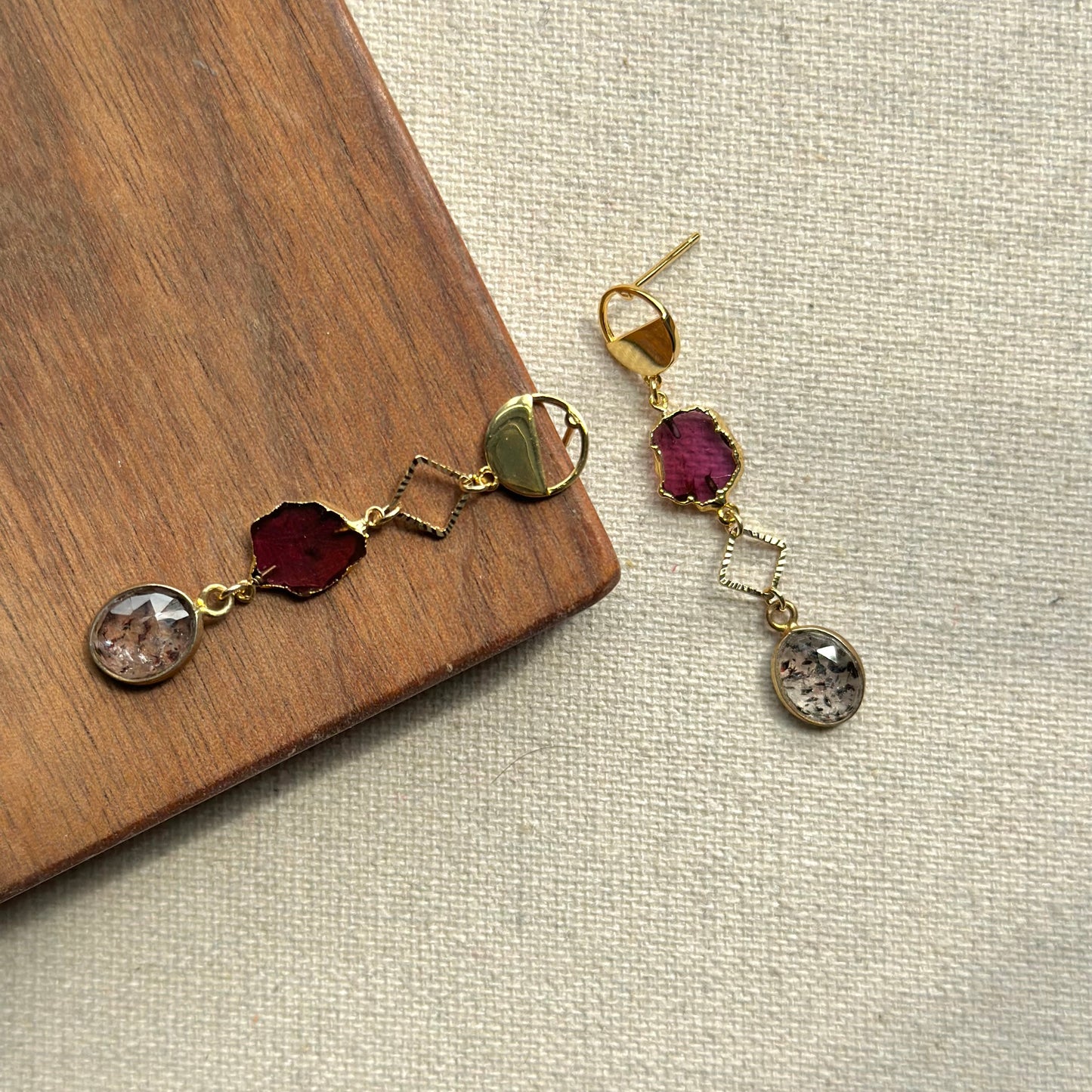 Garnet Raw Stone And Super Seven Geometric Gold-plated Earring