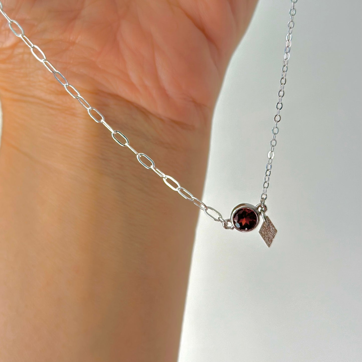 Garnet January Birthstone Asymmetric Sterling Silver Necklace