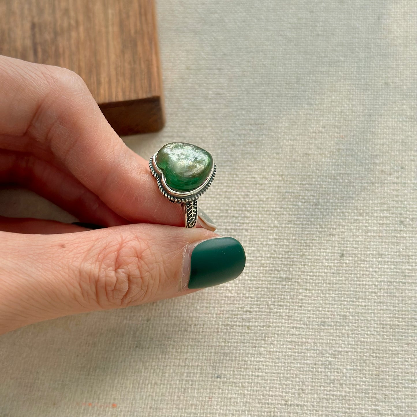 Green Lepidolite Heart Adjustable Sterling Silver Ring