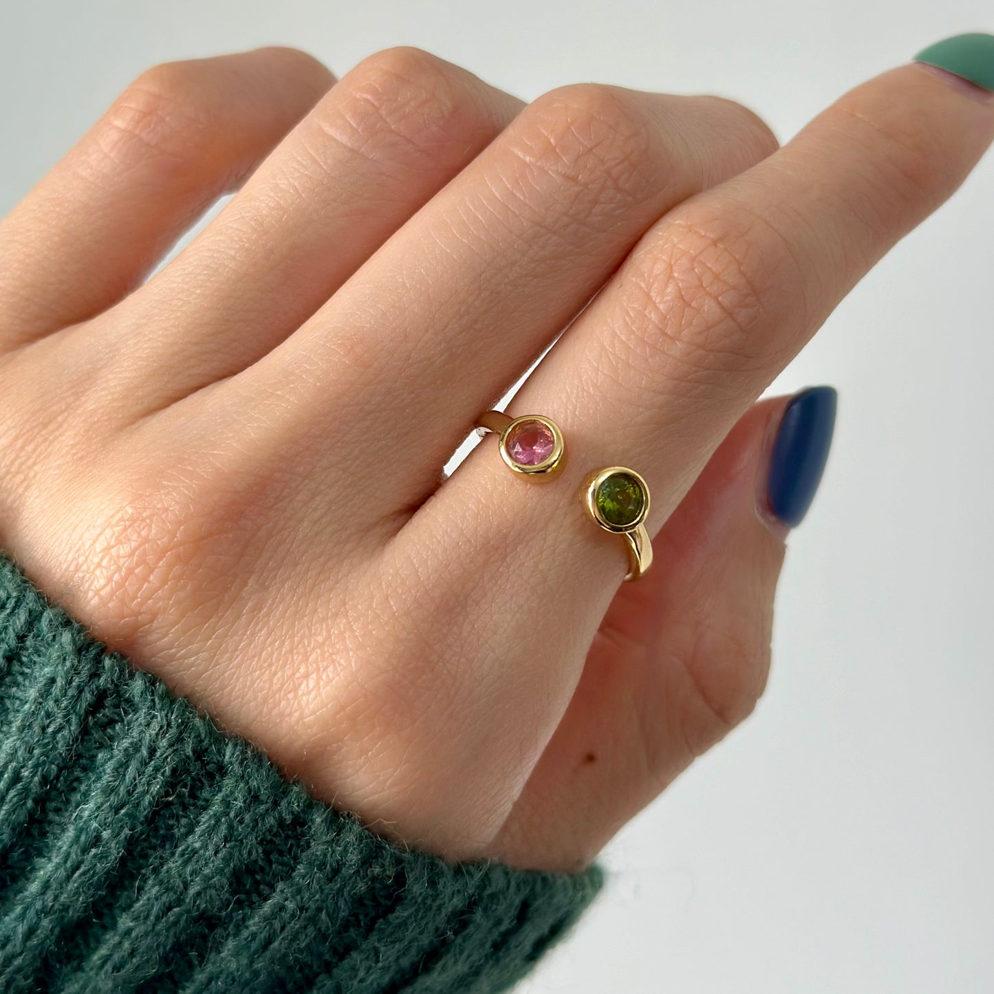 Pink And Green Tourmaline Front Open Adjustable Gold-plated Ring