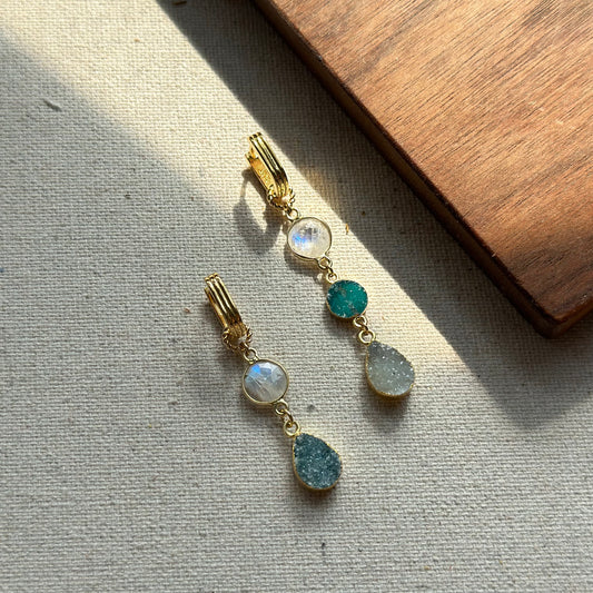 Moonstone Green Druzy Mixed Two-way Gold-plated Ear Hoop