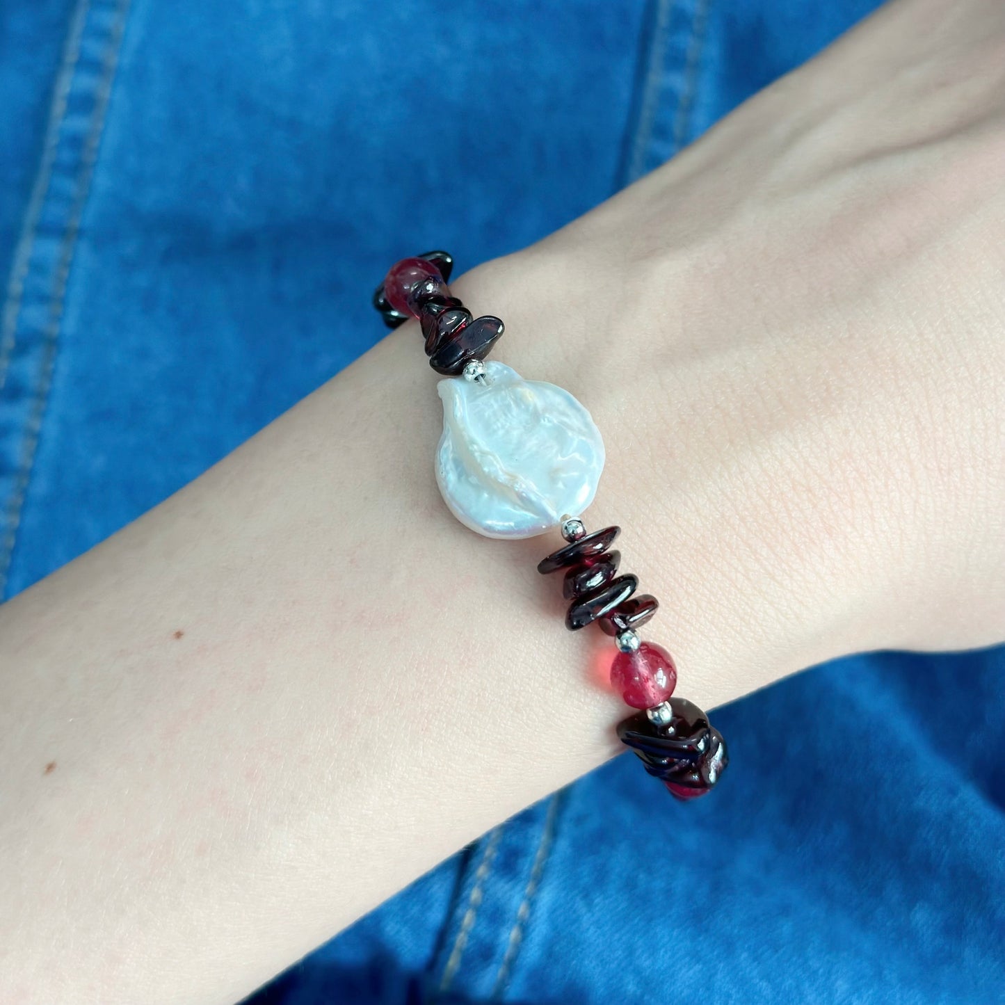 Garnet With Strawberry Quartz And Baroque Pearl Beaded Bracelet