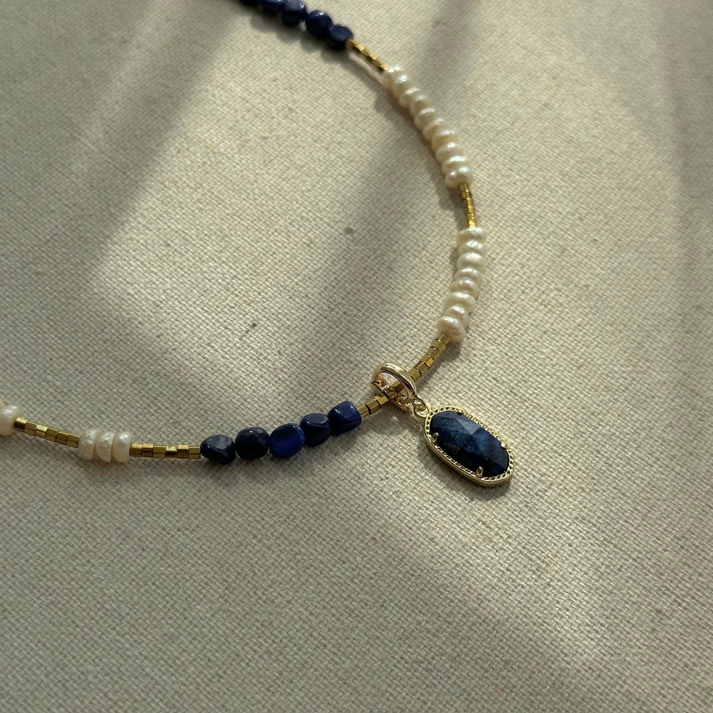 Lapis Pendant And Freshwater Pearl Mixed Lapis Beaded Two-way Necklace