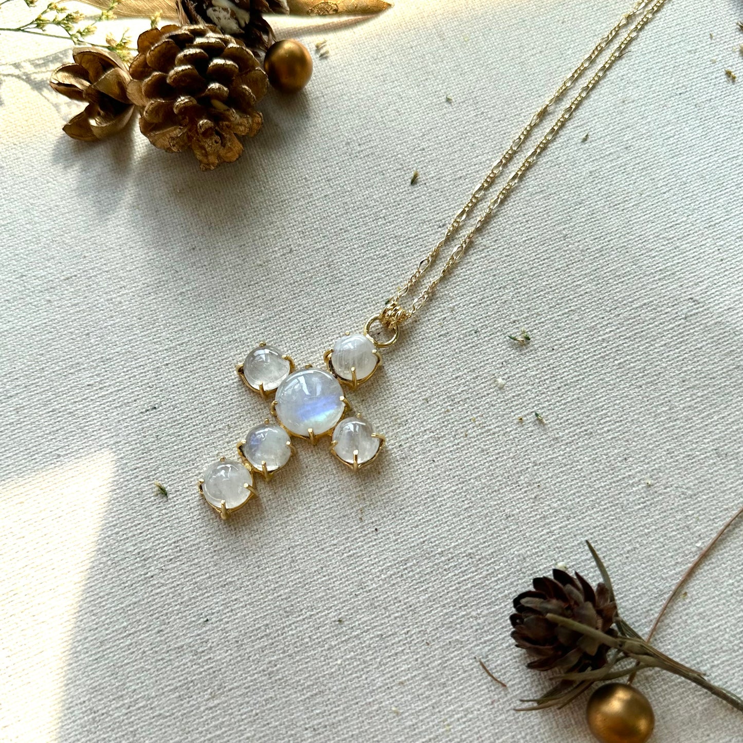 Moonstone Cross Long Gold-plated Necklace