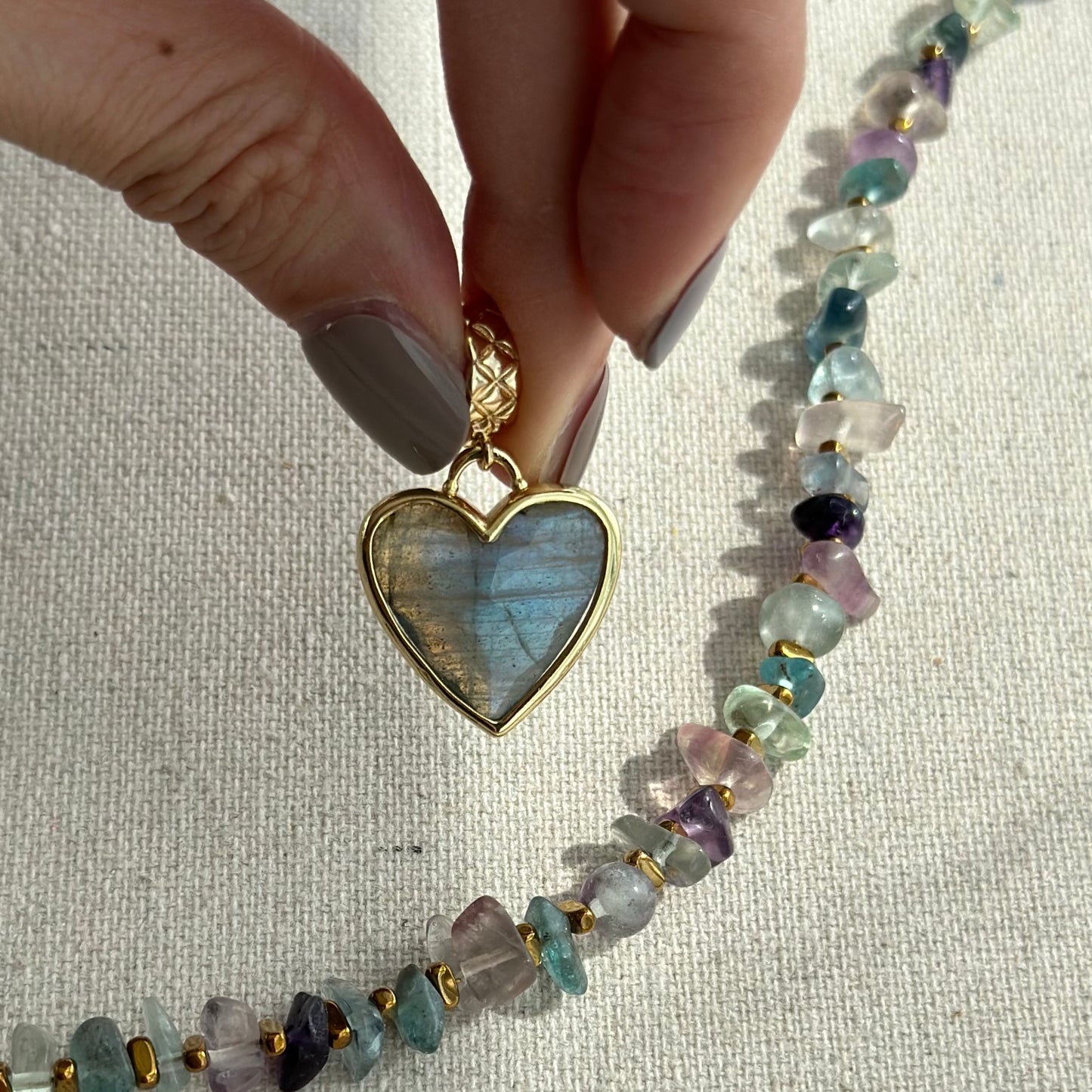 Labradorite Heart Pendant And Fluorite Beaded Two-way Necklace