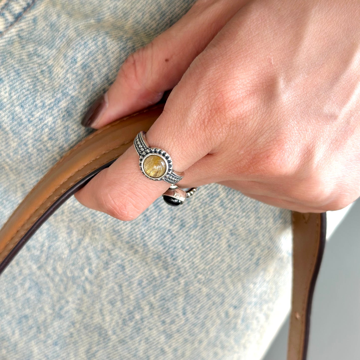 Round Golden Rutilated Quartz Adjustable Sterling Silver Ring