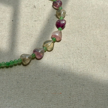 Green Agate And Fluorite Heart Beaded Necklace