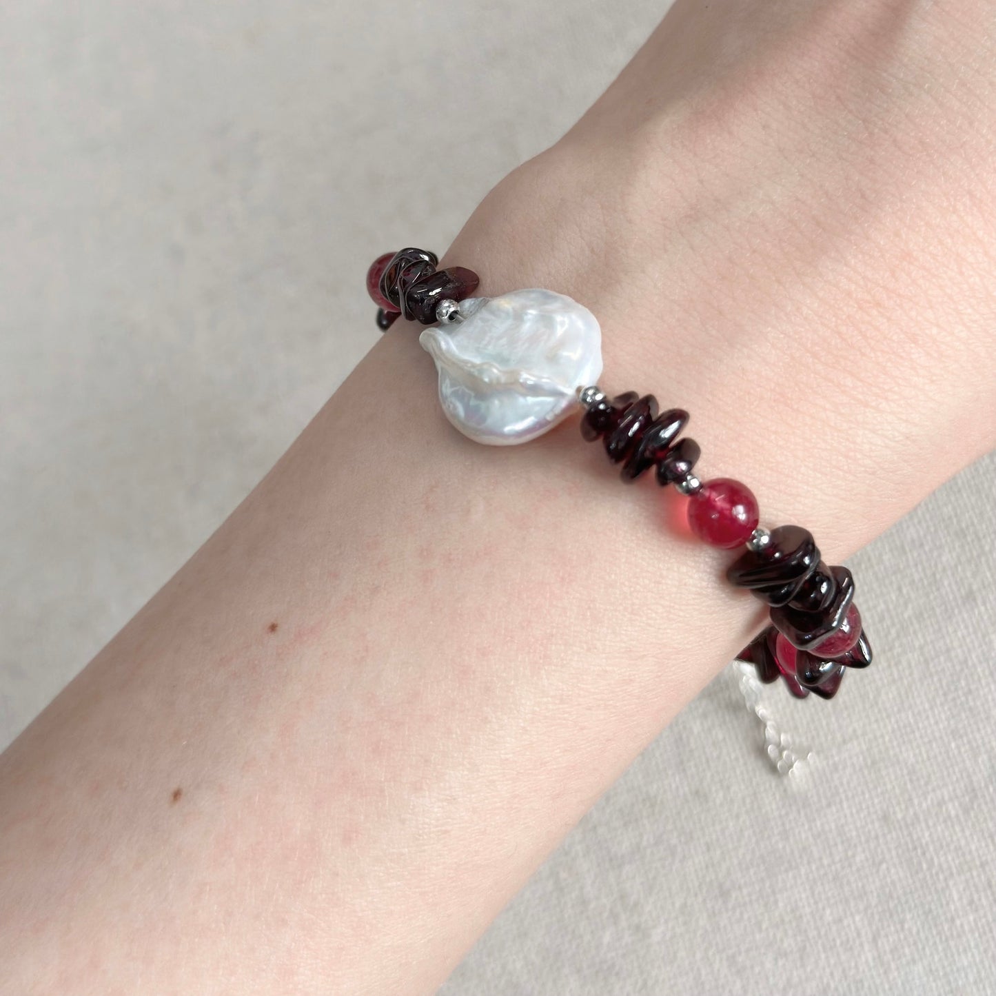 Garnet With Strawberry Quartz And Baroque Pearl Beaded Bracelet