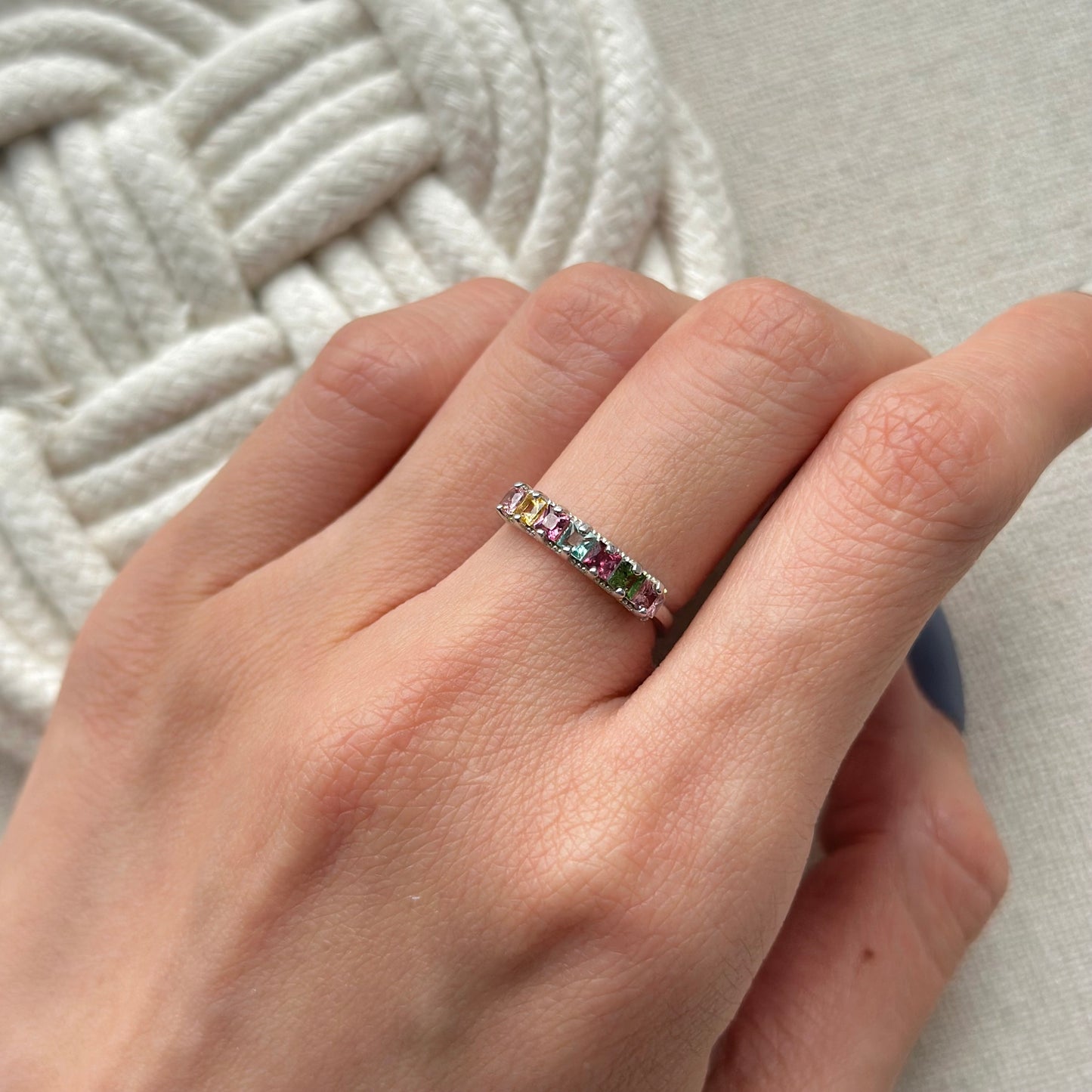 Mixed Tourmaline Prong Set Adjustable Sterling Silver Ring