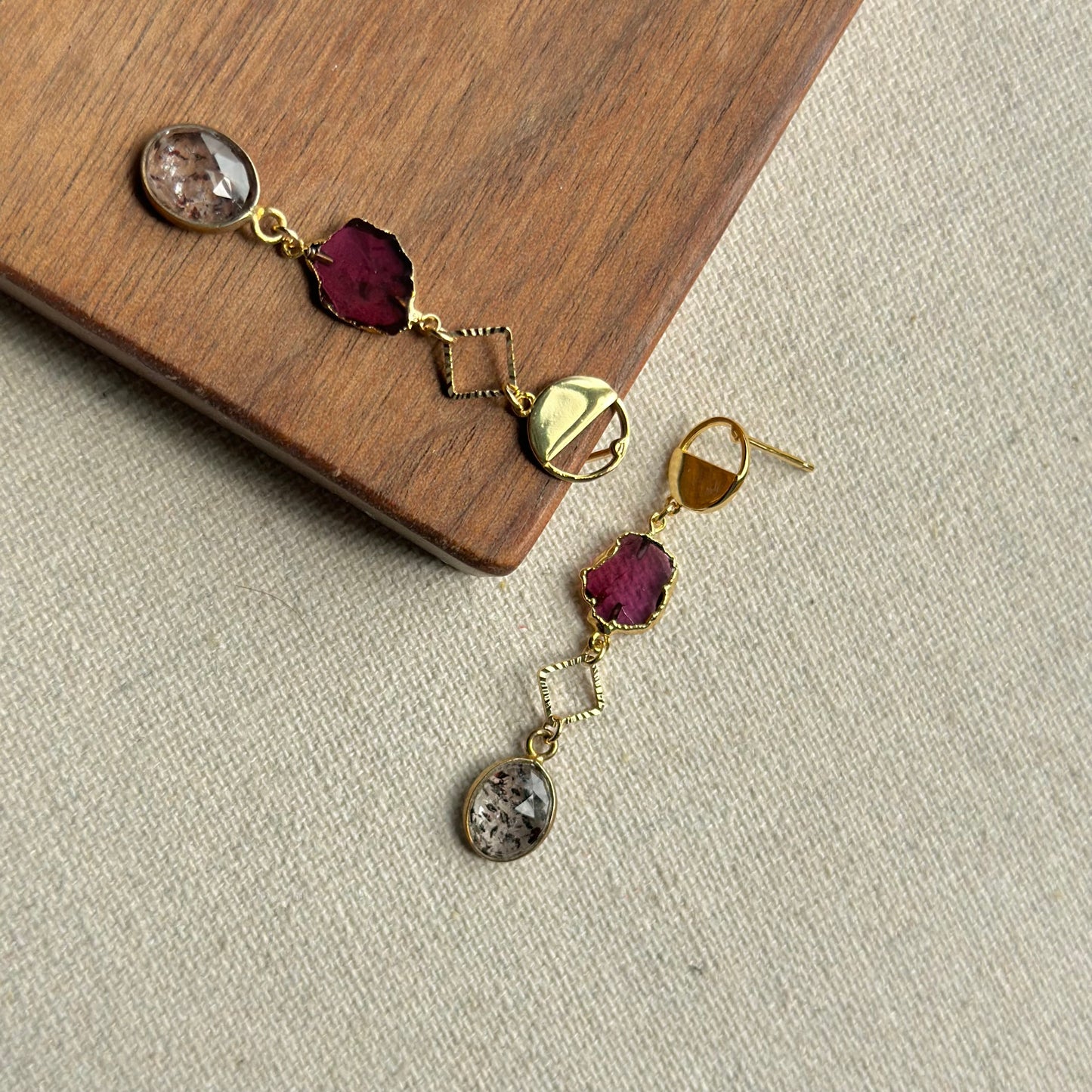 Garnet Raw Stone And Super Seven Geometric Gold-plated Earring