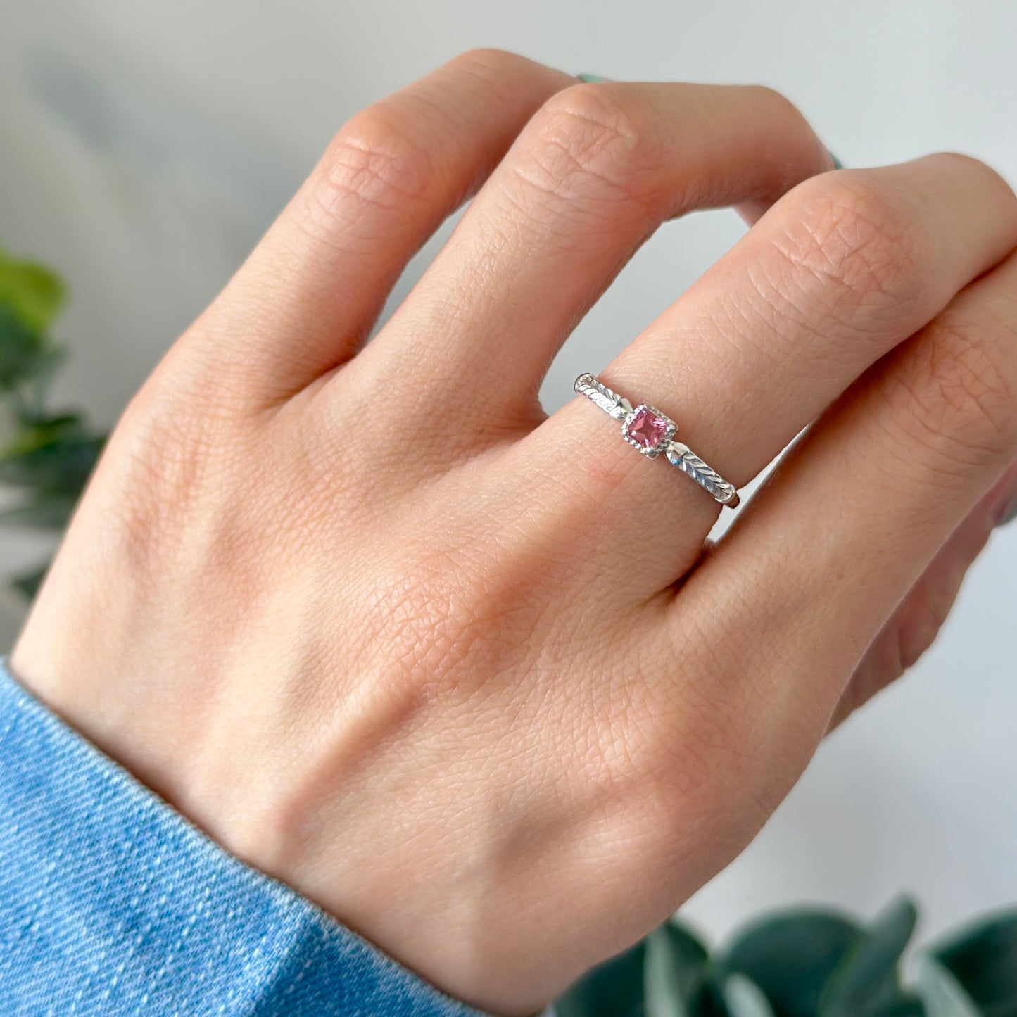 Pink Tourmaline Square Adjustable Sterling Silver Ring