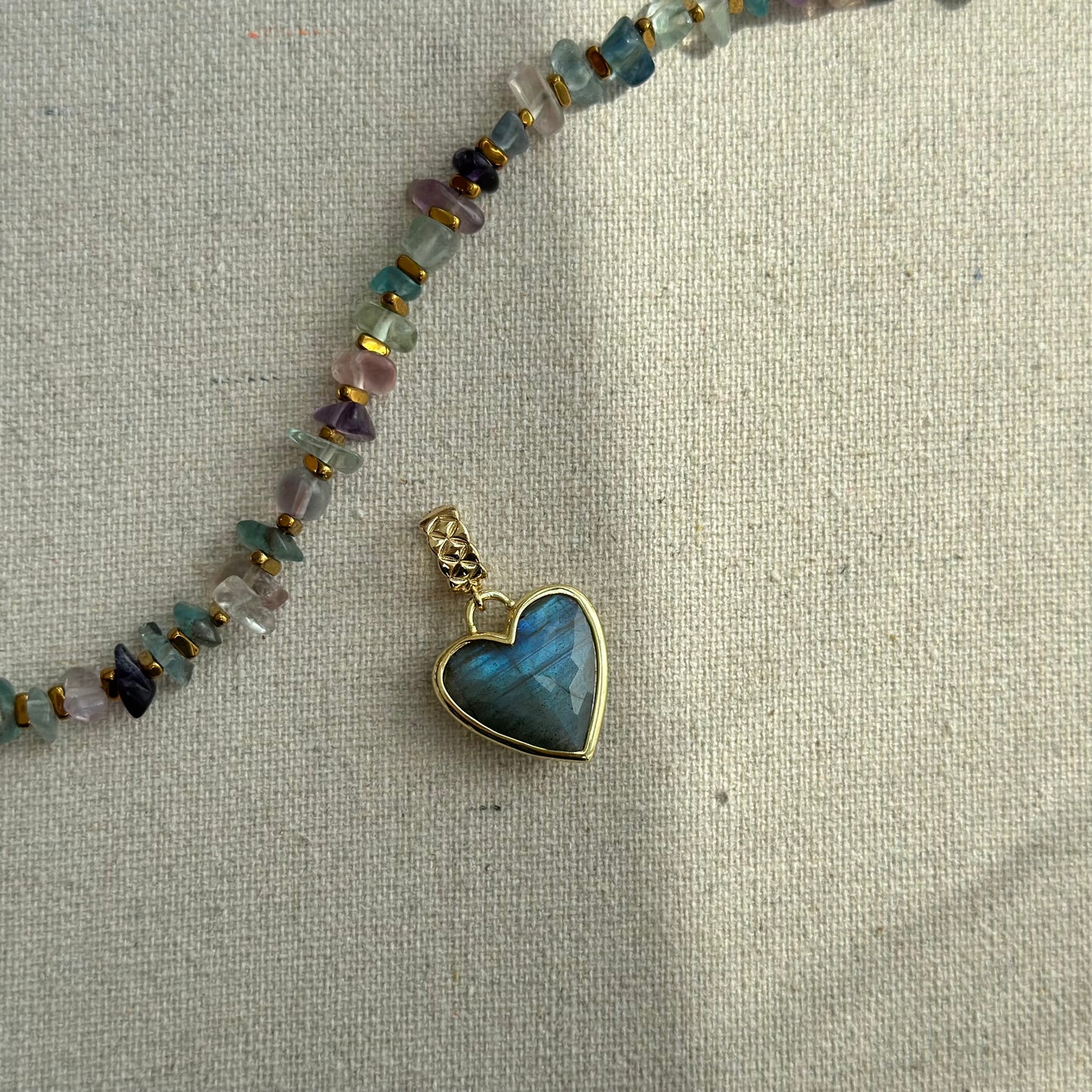 Labradorite Heart Pendant And Fluorite Beaded Two-way Necklace