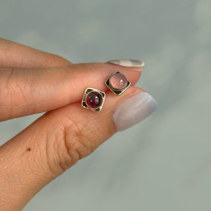 Garnet Mixed Rose Quartz Sterling Silver Ear Stud