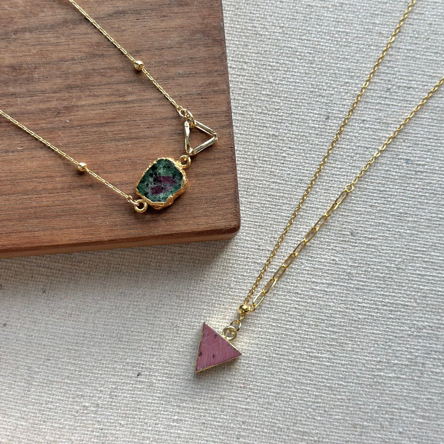 Rhodonite Triangle Y-shaped Gold-plated Sterling Silver Necklace