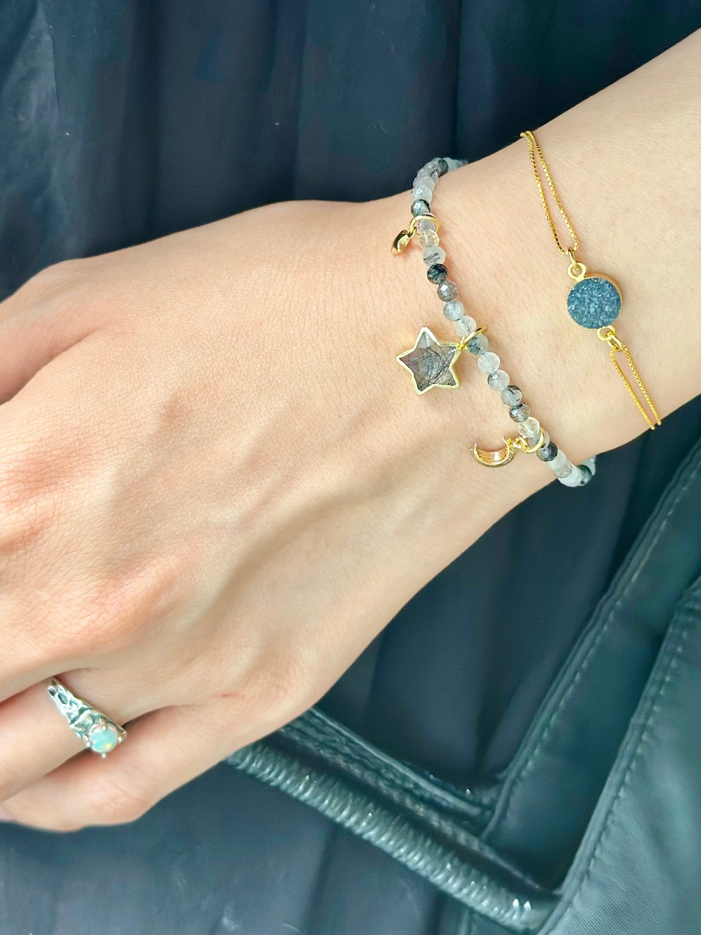 Black Rutilated Quartz Beaded And Star Bracelet