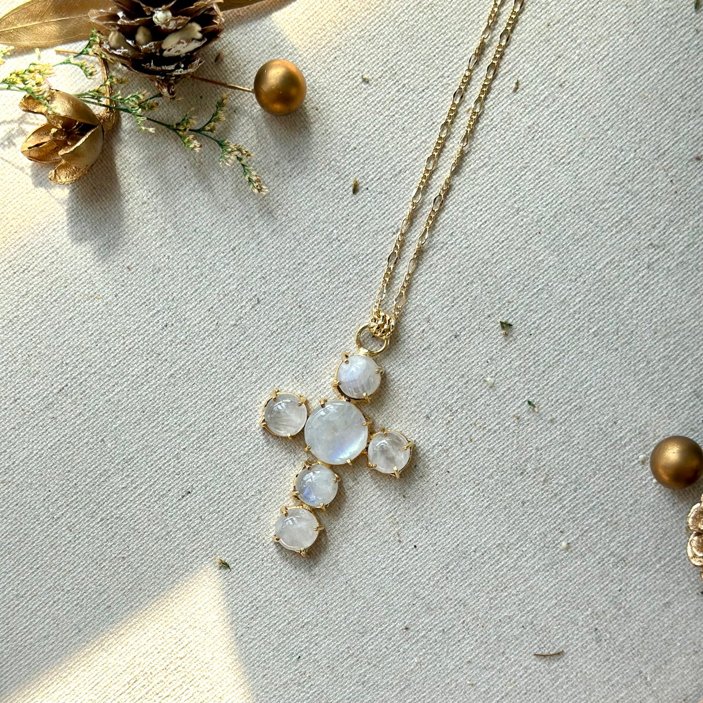 Moonstone Cross Long Gold-plated Necklace