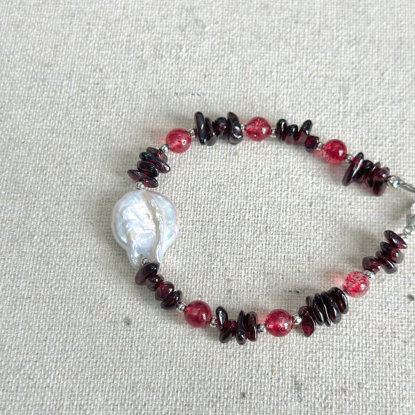 Garnet With Strawberry Quartz And Baroque Pearl Beaded Bracelet