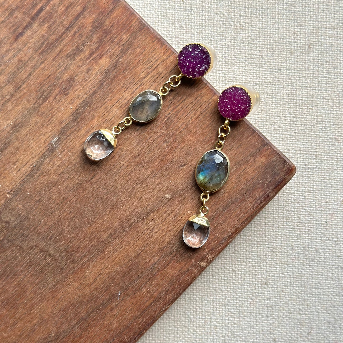 Labradorite And Clear Quartz Druzy Stud Gold-plated Earring