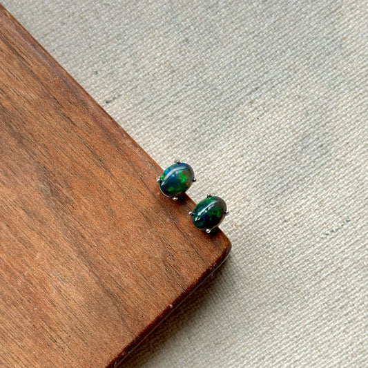 Black Opal Cabochon Sterling Silver Ear Stud