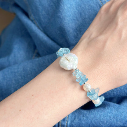 Aquamarine And Baroque Pearl Beaded Bracelet