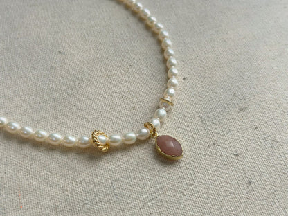 Freshwater Pearl Oval Shape Beaded And Sunstone Necklace