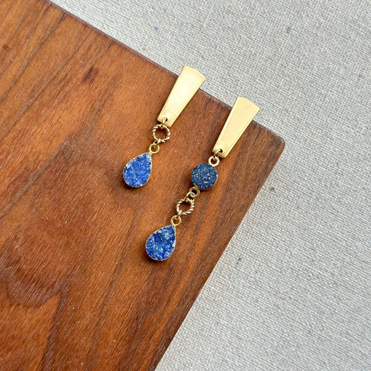 Blue Druzy Geometric Gold-plated Ear Stud