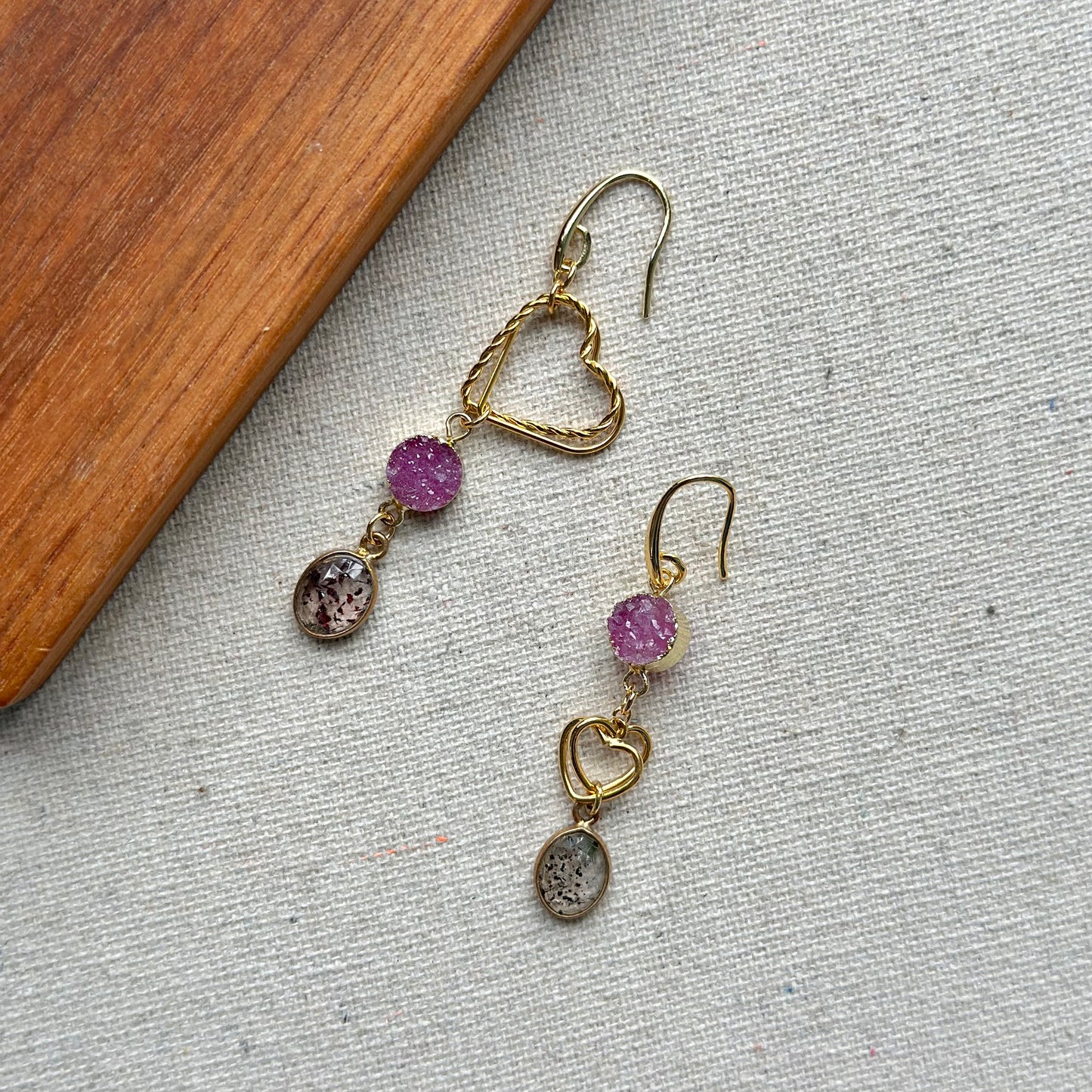 Super Seven And Druzy Heart Gold-plated Earring