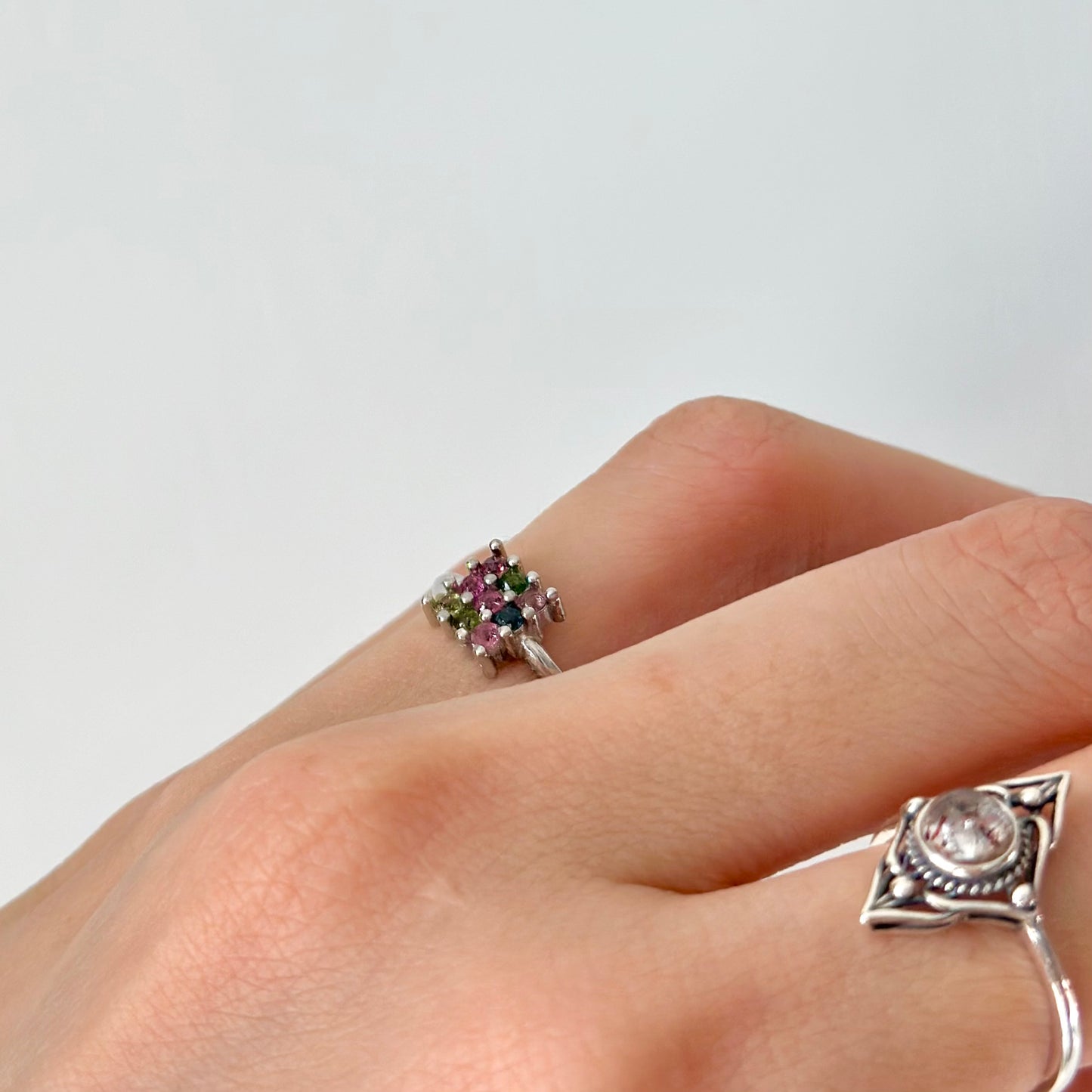 Tourmaline Mixed Square Adjustable Sterling Silver Ring